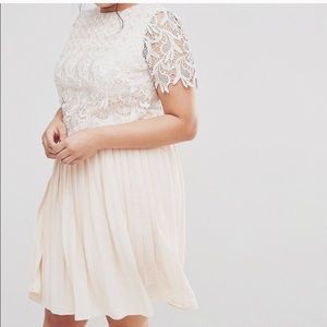 Premium lace overlay midi dress with pleated skirt